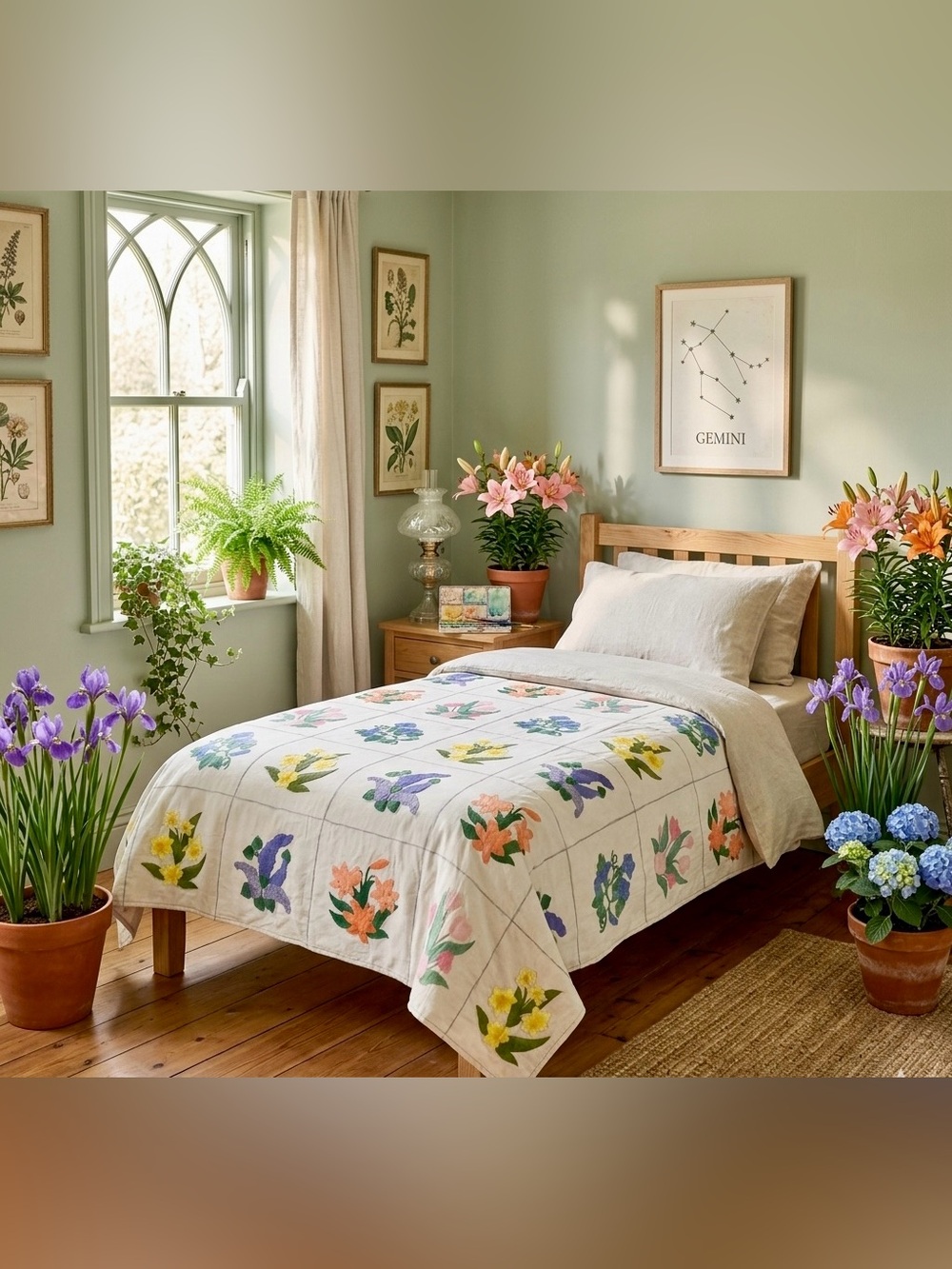 Vintage Style Floral Appliqué Sampler Quilt Twin Size 100% Cotton